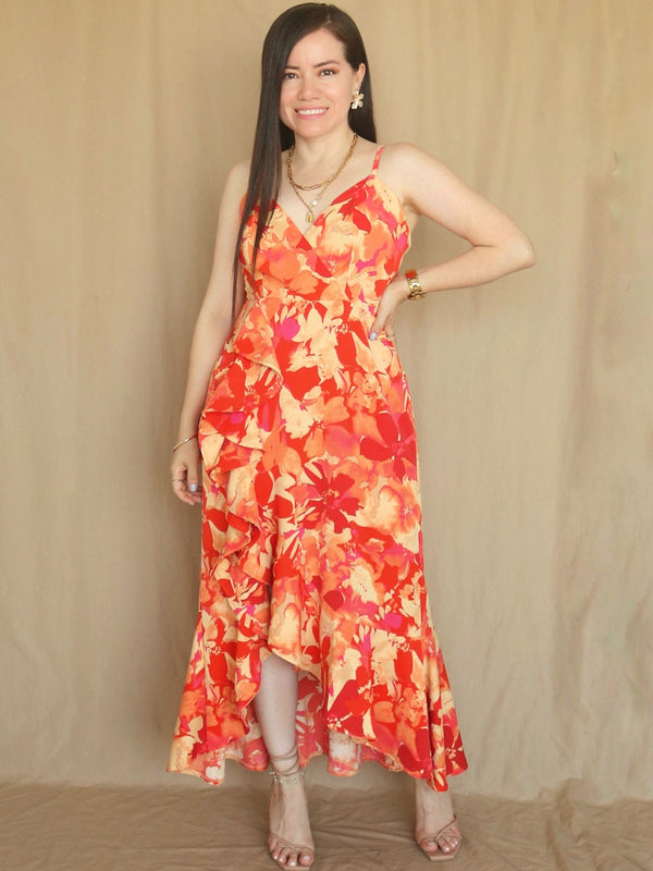 MAXIVESTIDO TIRAS CON VUELO ESPIRAL ESTAMPADO NARANJA