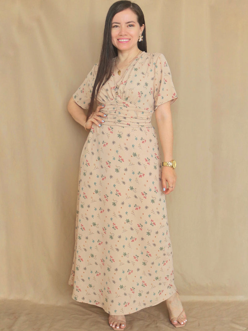 MAXIVESTIDO PRETINA DRAPEADA ESTAMPADO BEIGE