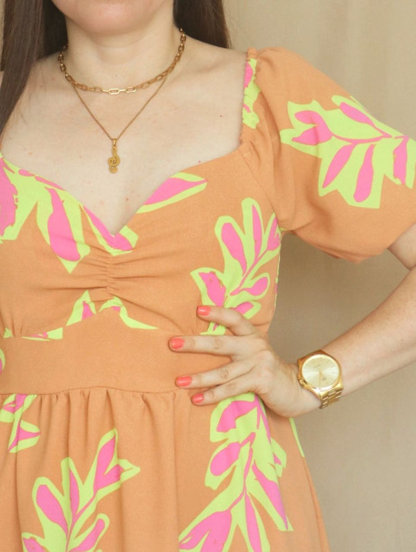 MAXIVESTIDO ESCOTE CORAZÓN ESTAMPADO NARANJA