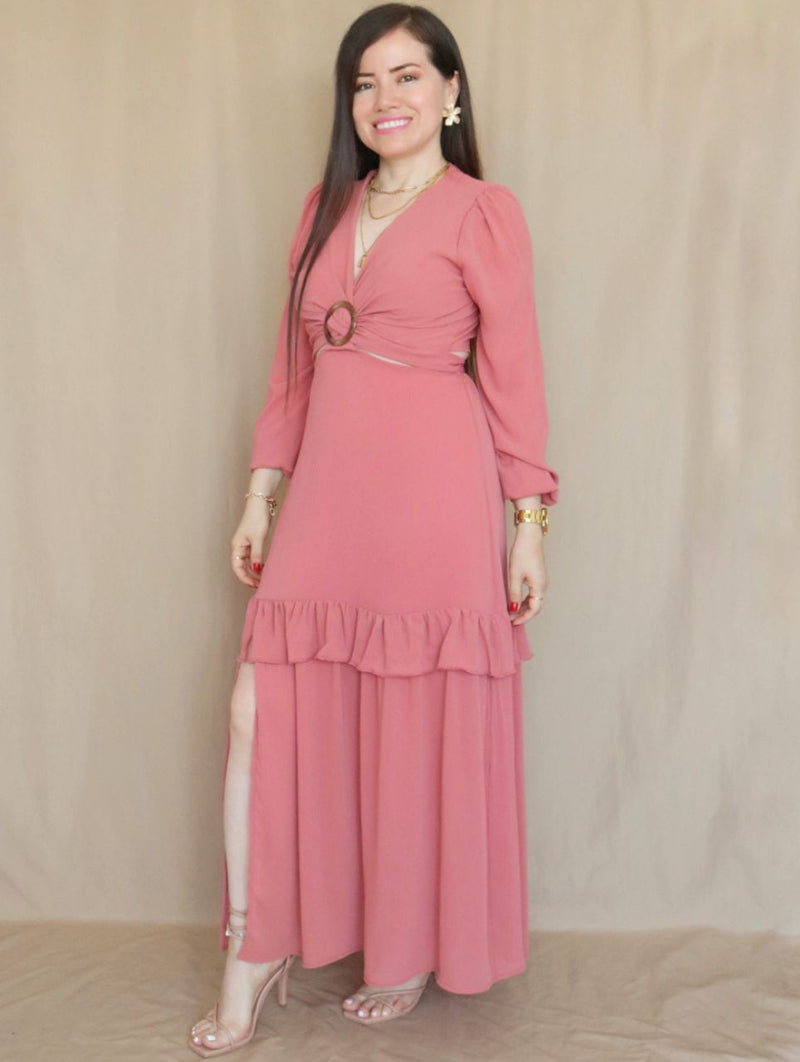 MAXIVESTIDO HEBILLA CON BOBO CENTRAL ROSA ENTERO