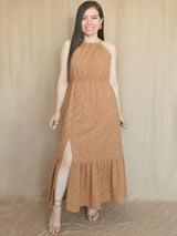 MAXIVESTIDO CUELLO HALTER 2 TIEMPOS CAMEL ENTERO