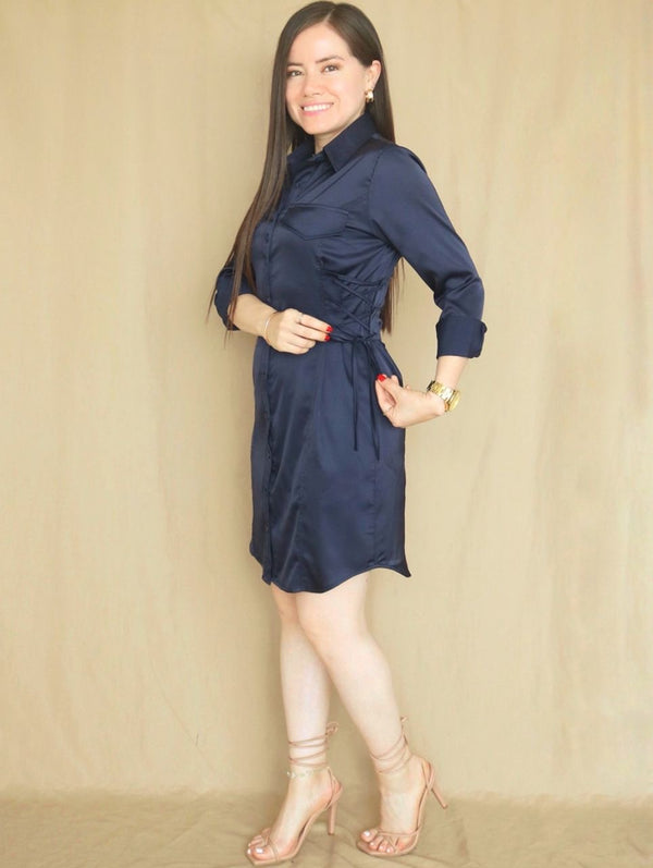 VESTIDO CORTO CAMISERO CON PLAQUETAS AZUL ENTERO